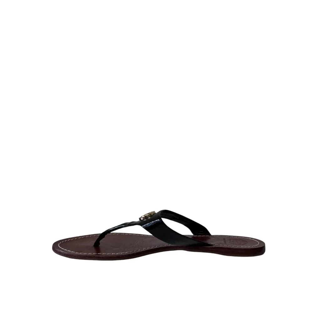 Tory Burch Miller Black Patent Leather Thong Sandals Brown Gold Logo Medallion